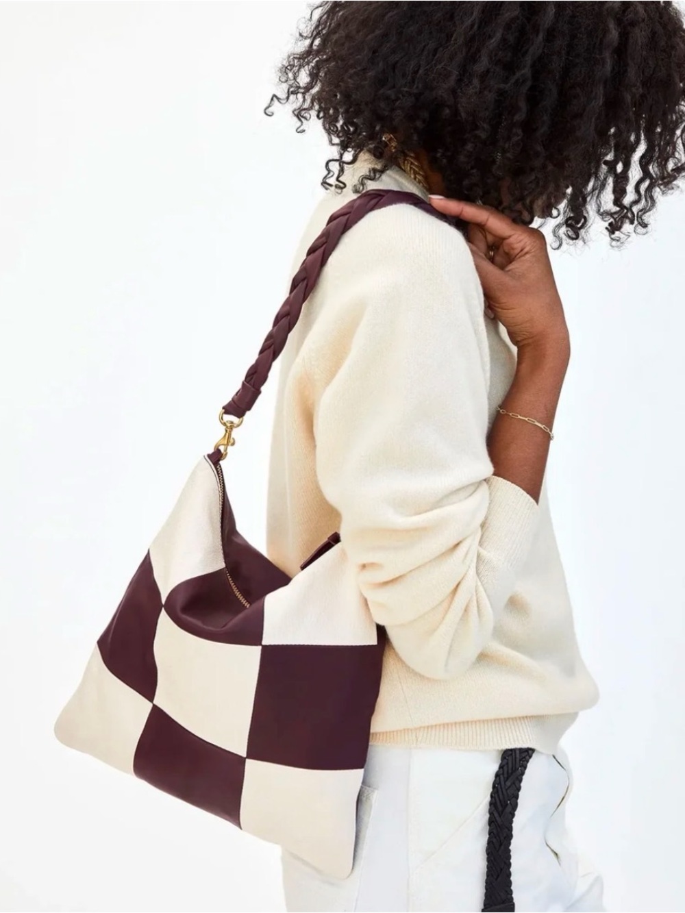 Clare V Foldover Clutch w/ Tabs - Plum & Cream Patchwork NWT $295